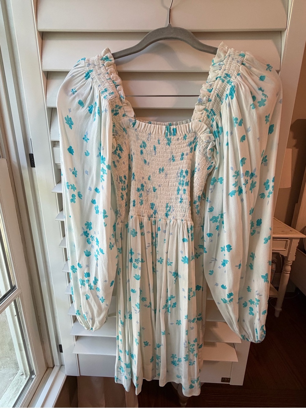 Ganni White Floral Smocked Mini Dress with Long Puff Sleeves